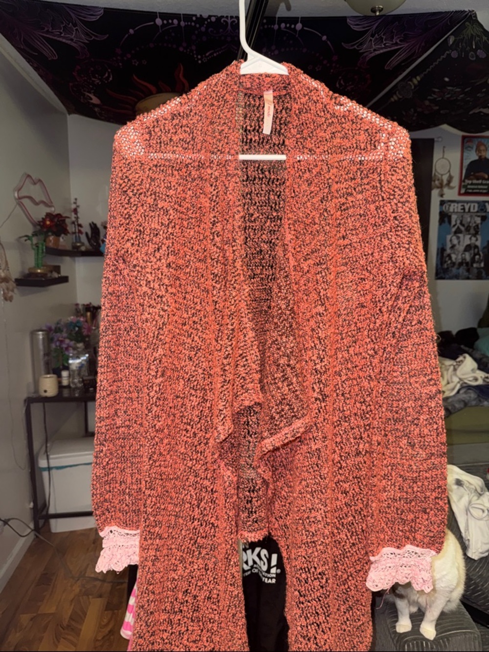 Open-Front Coral Knit Women’s Cardigan with Lace Cuffs